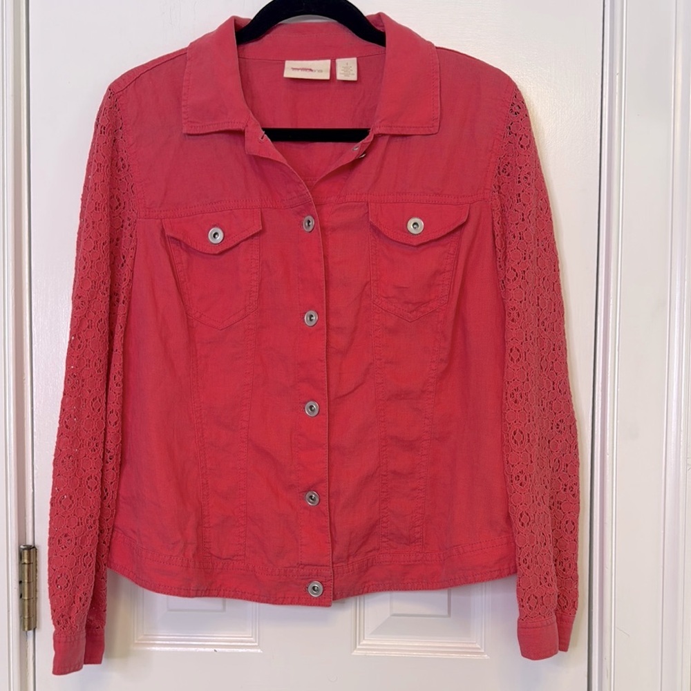Chico's Coral Jean Jacket with Long Sleeves and Relaxed Fit - Picture 2 of 9